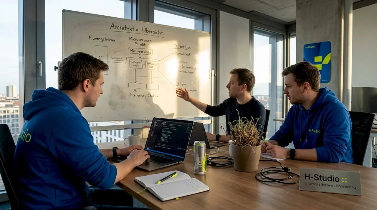 A development team discussing the architecture of their SaaS product around a table.