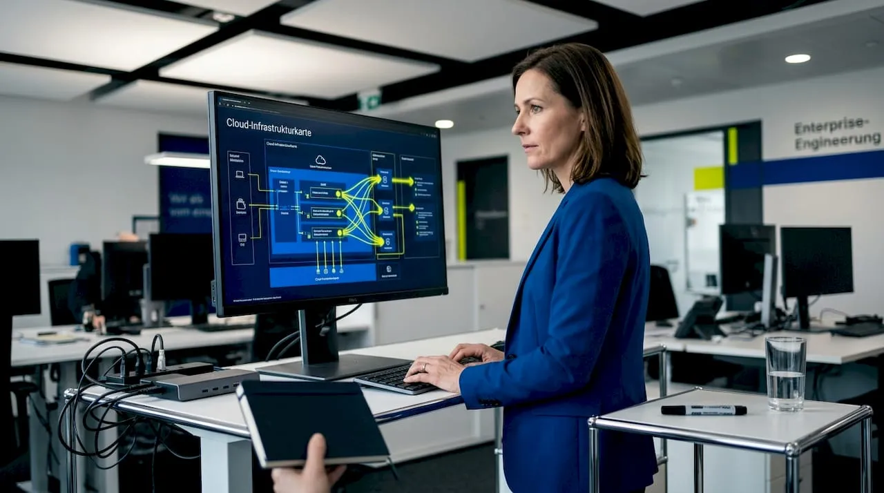 An IT specialist in the office reviewing whether the cloud setup meets the relevant compliance requirements.