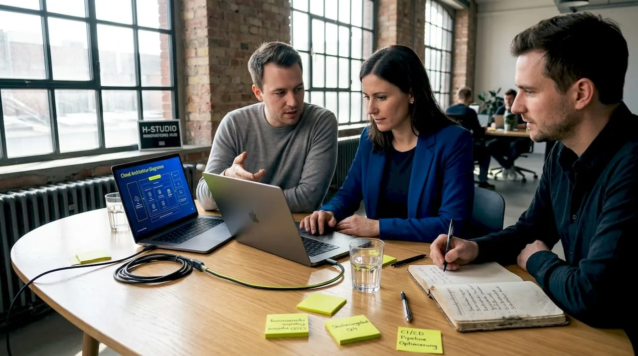 A team gathered around the table, debating the architecture of their SaaS product.