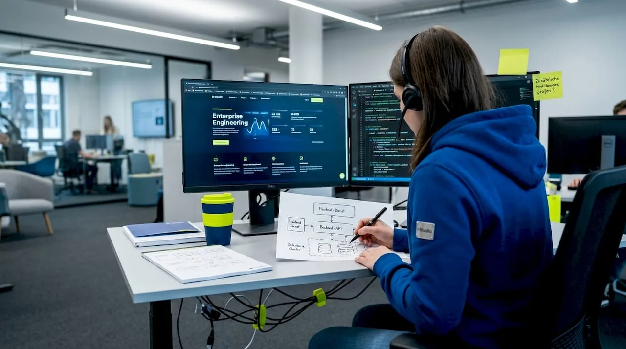 A developer sketching a layered system architecture at their desk.
