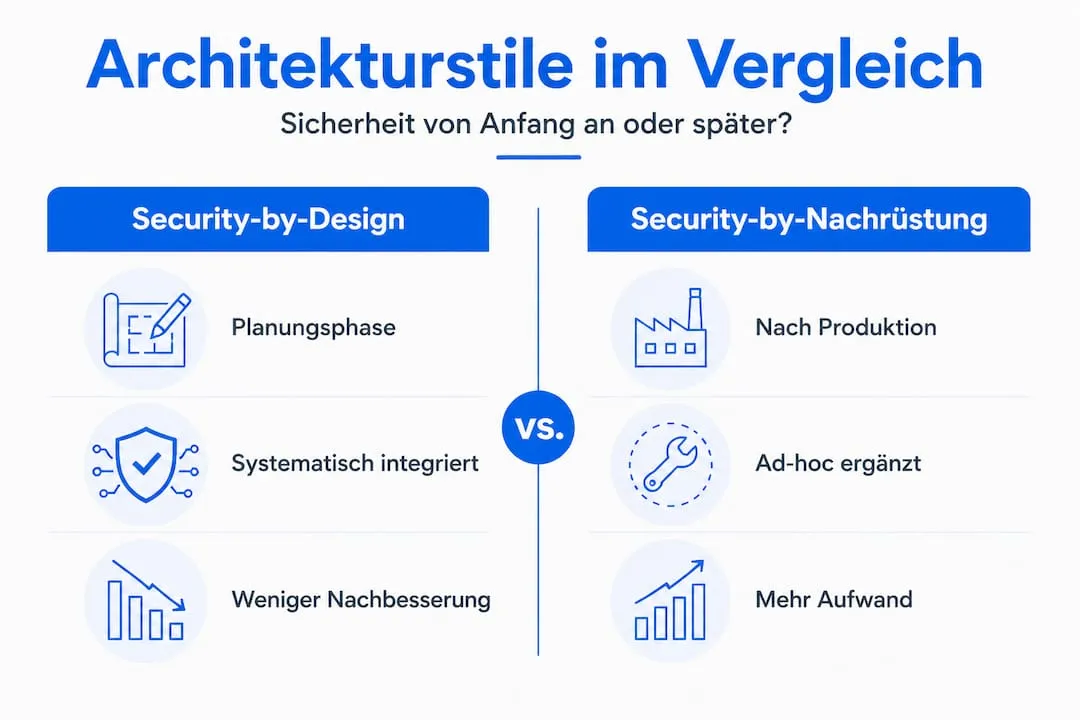 Infographic: difference between security built in from the start and security retrofitted later.