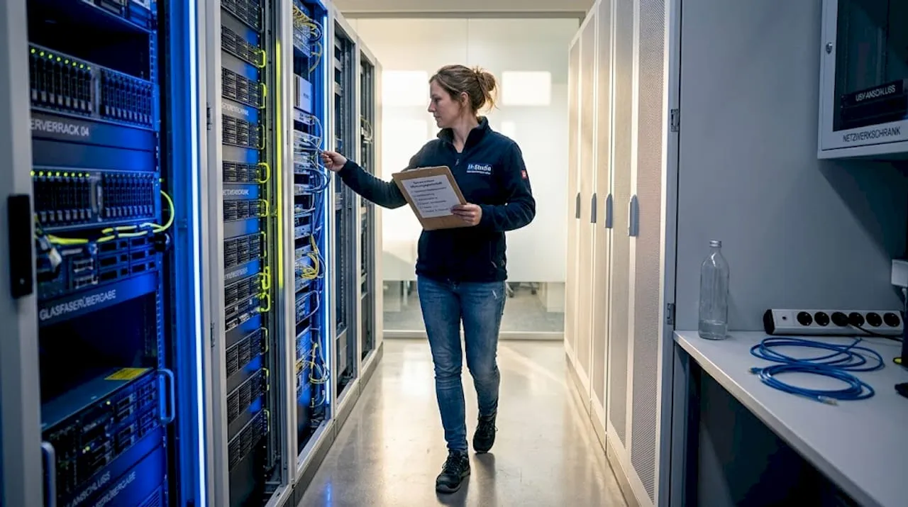 A technician inspecting cabling in a server room.